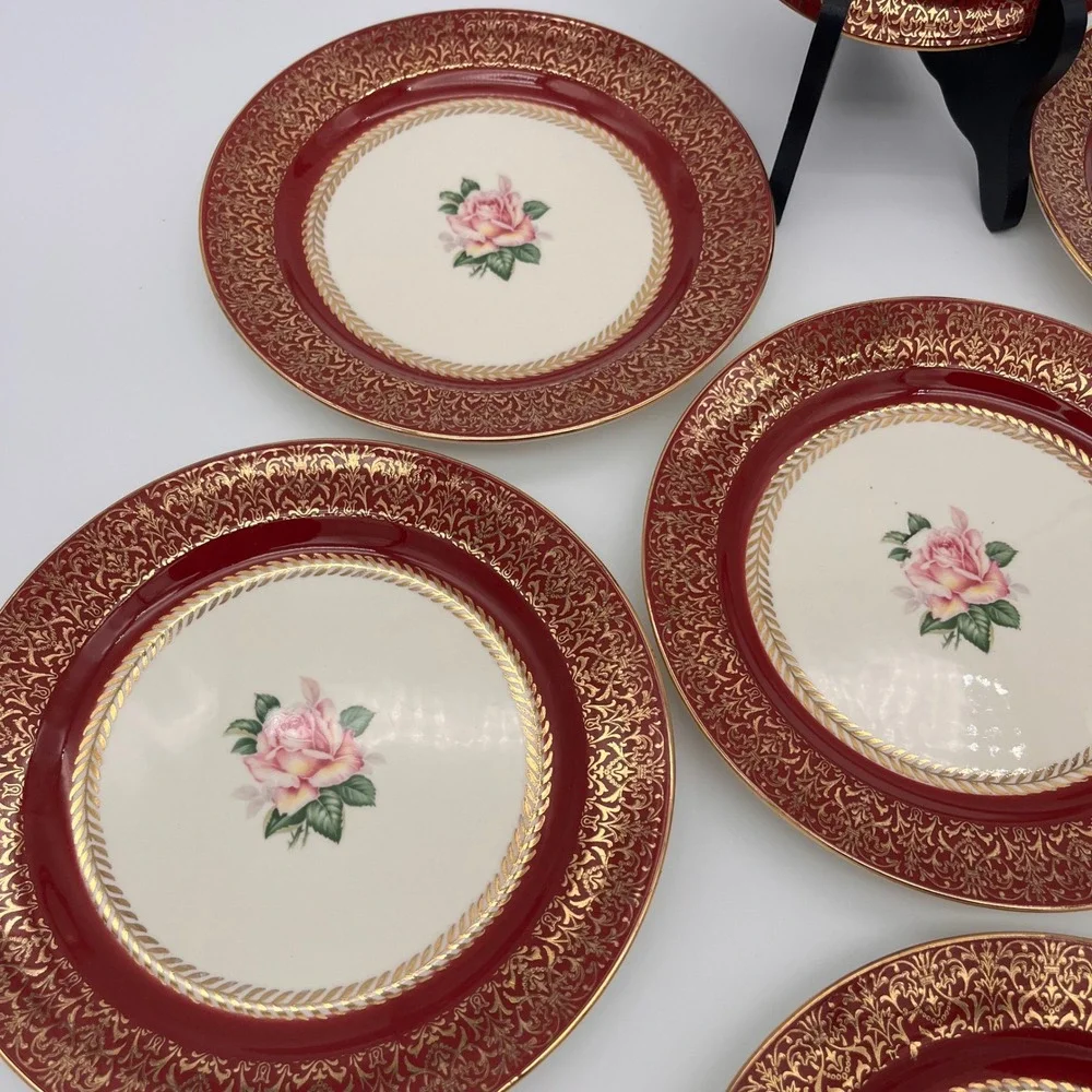 Homer Laughlin Lady Stratford Dessert Plates Set of 7 Maroon Gold Rose 7 1/8